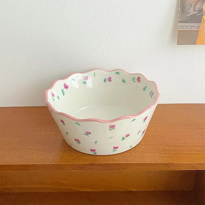 Fresh Pastoral Small Broken Flower Ceramic Bowl Ins Vintage Lace Salad Fruit Thened Прекрасна супа Оризова купа Допълнителна лъжица