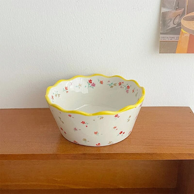 Fresh Pastoral Small Broken Flower Ceramic Bowl Ins Vintage Lace Salad Fruit Thened Прекрасна супа Оризова купа Допълнителна лъжица