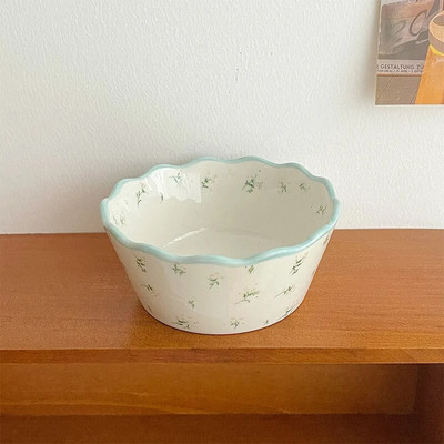 Fresh Pastoral Small Broken Flower Ceramic Bowl Ins Vintage Lace Salad Fruit Thened Прекрасна супа Оризова купа Допълнителна лъжица