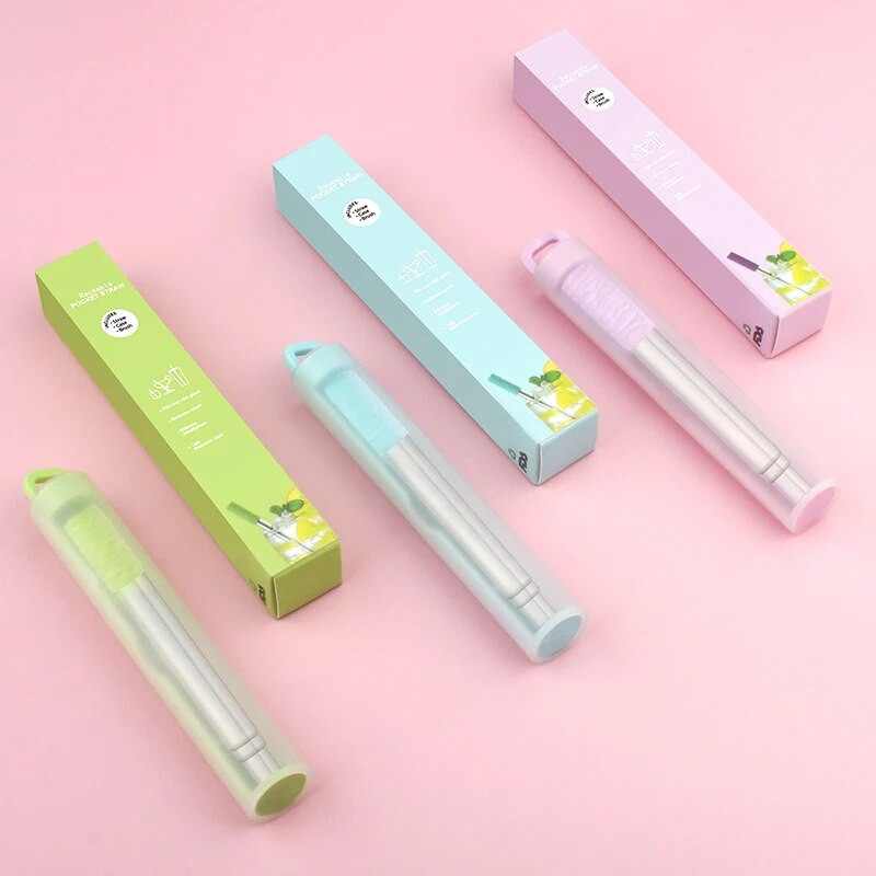 Újrafelhasználható teleszkópos szívószál hordozható szívószálas szett utazáshoz 304 rozsdamentes acél összecsukható fém szívószál tisztítókefével