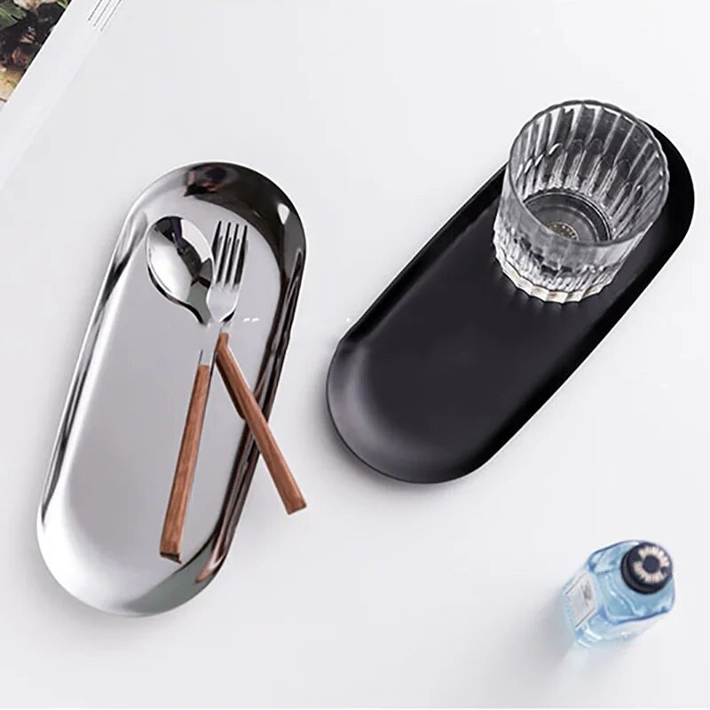 Nordic INS ovális ékszer parfüm kijelző tálca rozsdamentes acél étkező tányér kávés sütemény desszert tányér fekete matt tárolótálca