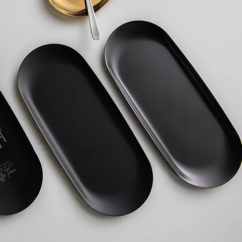 Nordic INS ovális ékszer parfüm kijelző tálca rozsdamentes acél étkező tányér kávés sütemény desszert tányér fekete matt tárolótálca