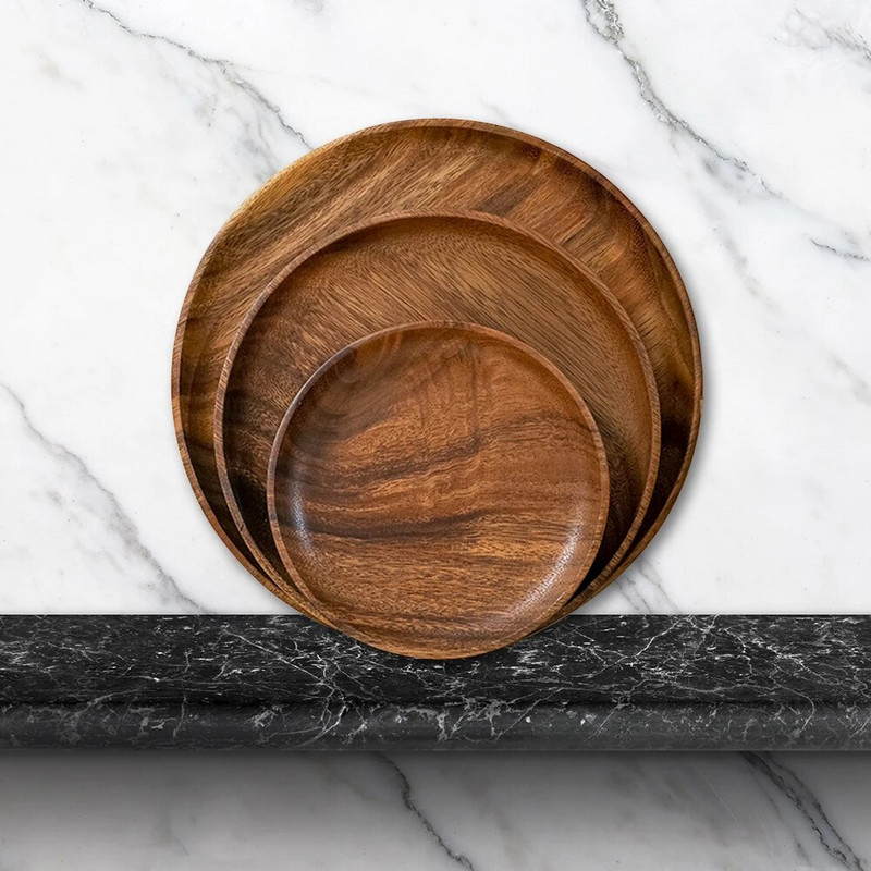 10,5-24 cm Akácfa tányérok Törhetetlen kerek fa tányérok gyümölcsös ételekhez Uzsonnák Desszert tálaló edények
