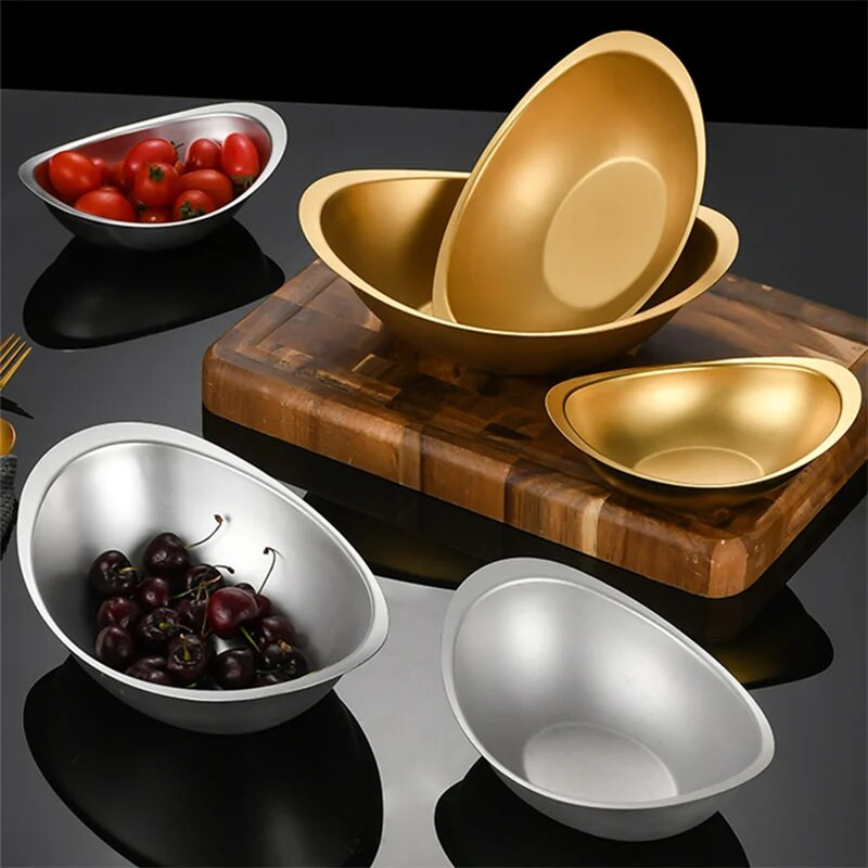304 Rozsdamentes acél koreai asztali edények tuskótál kreatív saláta cukor gyümölcstálak tányérok edények konyhai eszközökhöz