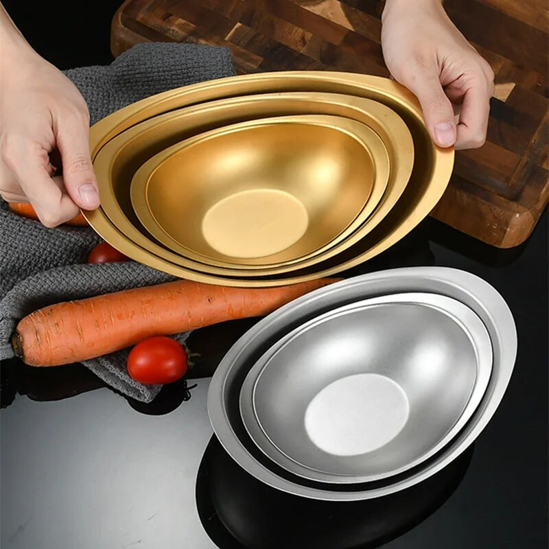 304 Rozsdamentes acél koreai asztali edények tuskótál kreatív saláta cukor gyümölcstálak tányérok edények konyhai eszközökhöz
