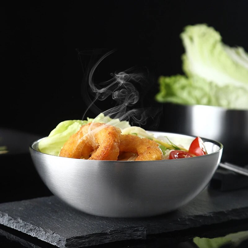 304 Rozsdamentes acél kétrétegű levesestál, sűrített koreai tésztatál Háztartási forradásgátló rizstálak Konyhai étkészlet