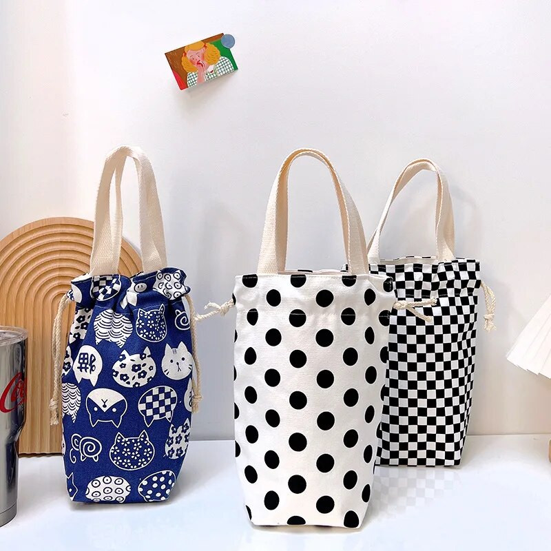 Hordozható vászon szigetelő hüvely táska tok termosz tasak Rajzfilm képek Záró zsinór tárolótáska vákuum csésze készlet