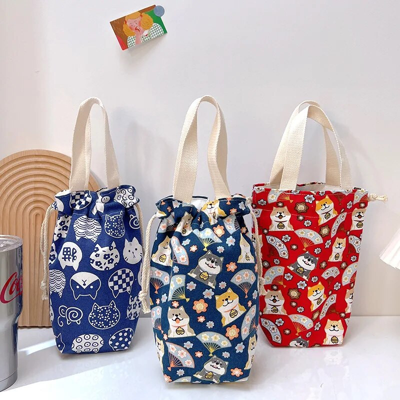 Hordozható vászon szigetelő hüvely táska tok termosz tasak Rajzfilm képek Záró zsinór tárolótáska vákuum csésze készlet