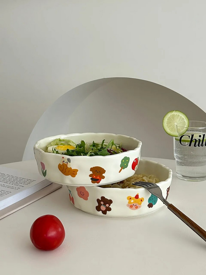 INS aranyos krémes kis medve tányér kerámia 2023 nyár új étkészlet mély tányér matt kézzel csípett tányér Egyszerű rajzfilm aranyos