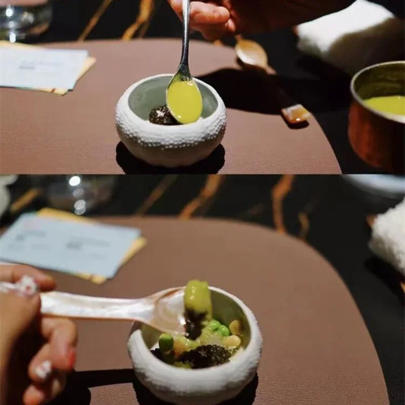 Kreatív csúcskategóriás étterem kerámia tengeri sün tál fehér különleges alakú kerámia tálka Hotel Club molekuláris konyha Baipan