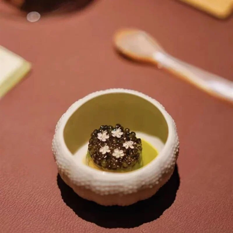 Kreatív csúcskategóriás étterem kerámia tengeri sün tál fehér különleges alakú kerámia tálka Hotel Club molekuláris konyha Baipan