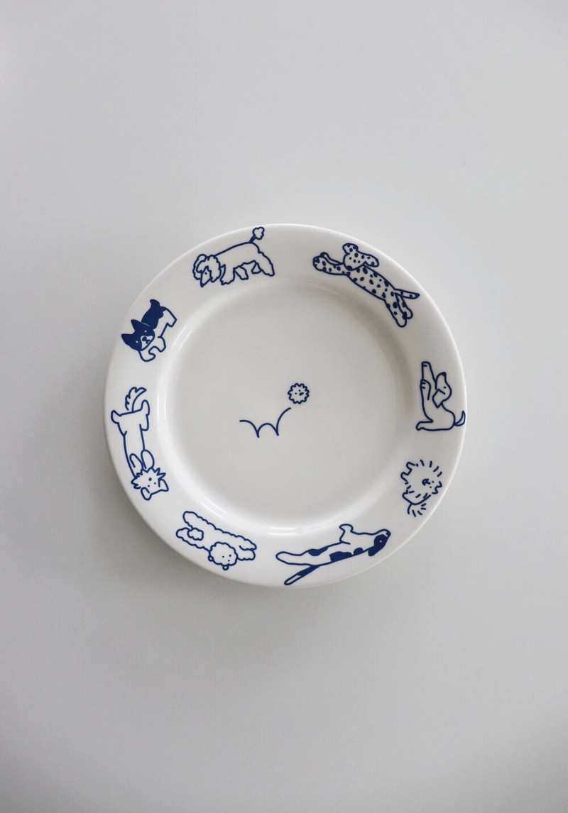 Koreai INS stílusú, nagy szépségű kiskutya tányér kék retro máz alatti színű rajzfilm kerámia étkészlet desszert délutáni tea lapos tányér