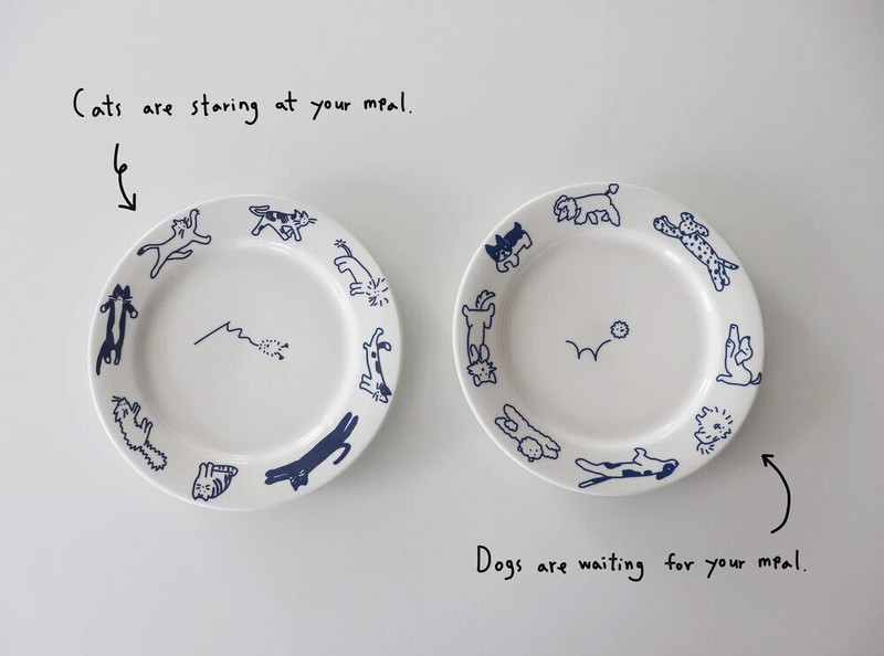 Koreai INS stílusú, nagy szépségű kiskutya tányér kék retro máz alatti színű rajzfilm kerámia étkészlet desszert délutáni tea lapos tányér