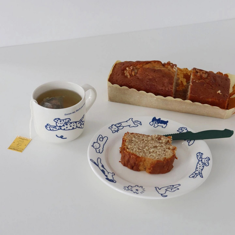 Koreai INS stílusú, nagy szépségű kiskutya tányér kék retro máz alatti színű rajzfilm kerámia étkészlet desszert délutáni tea lapos tányér