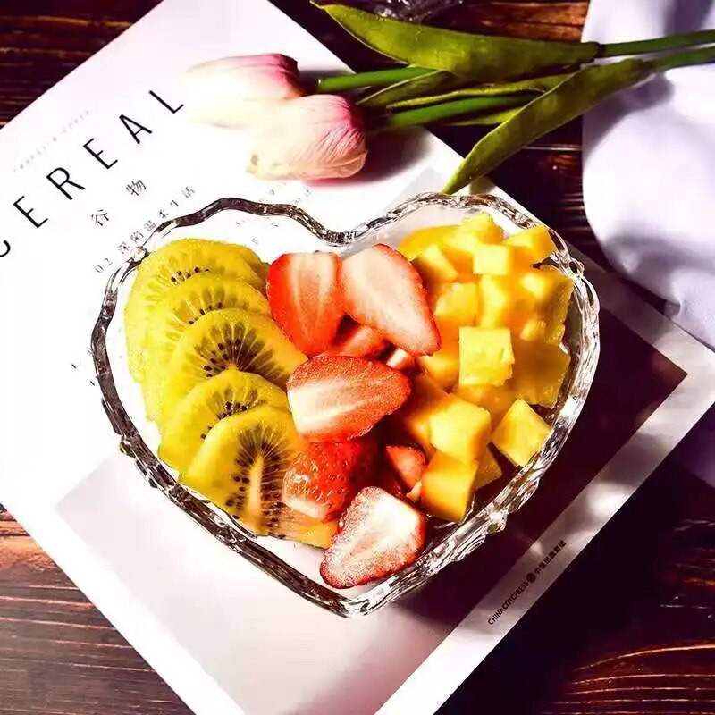 1db Szív alakú virág üvegtál átlátszó tál Reggeli gyümölcssaláta tál Háztartási étkészlet étkészlet
