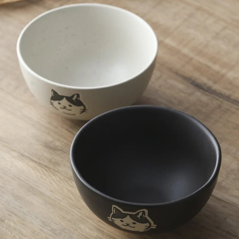 Japán, kézzel festett kőedény macskaarcú kerámia tál 4,5 hüvelykes máz alatti színes kézműves aranyos macska rizstál leveses tál Konyhai eszközök