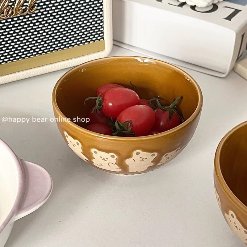 Japán, kézzel festett kőedény macskaarcú kerámia tál 4,5 hüvelykes máz alatti színes kézműves aranyos macska rizstál leveses tál Konyhai eszközök