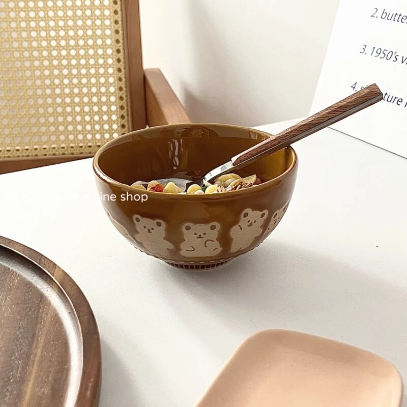 Japán, kézzel festett kőedény macskaarcú kerámia tál 4,5 hüvelykes máz alatti színes kézműves aranyos macska rizstál leveses tál Konyhai eszközök