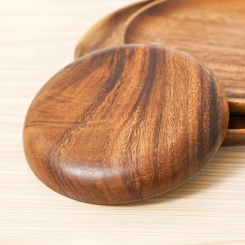 10,5-24 cm Tartós akácfa tányérok Törhetetlen kerek fa tányérok Gyümölcsételek Uzsonnák Desszerttálaló edények