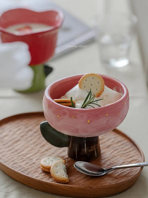 Szép Joghurtos Tál Zab Tál csésze Tulipán Konyhai edények Desszert Tál Gyümölcs Fagylalt Evőeszközök Őszibarack alakú kerámia bögre