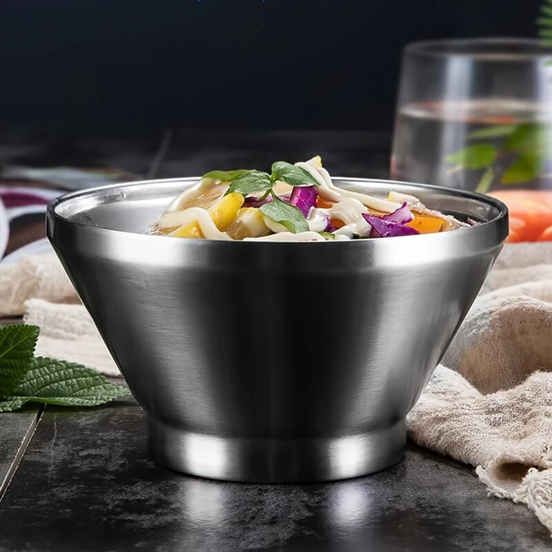 Japán kalap alakú 304 rozsdamentes acél tálak rizsleves ramen tálak vastag dupla rétegű szigetelt reggeliző tál Konyhai edények
