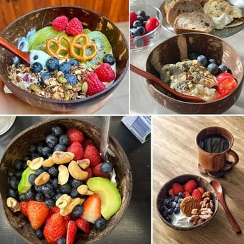 Креативна дървена плодова салата Coco Smoothie Ramen Bowl Купа с естествен кокос и лъжица Купа за смесване Здравословна диета