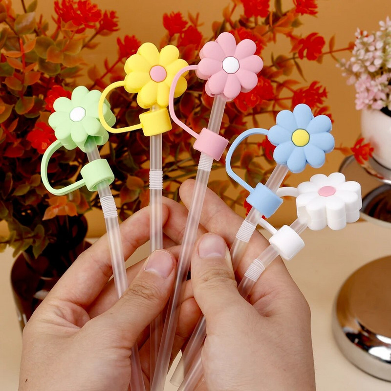 5/1db szilikon szívószál fedők sapka Aranyos virágos szívószál tetők poharakhoz Porálló ivószalma sapkák Újrafelhasználható szívószálak hegyek fedők