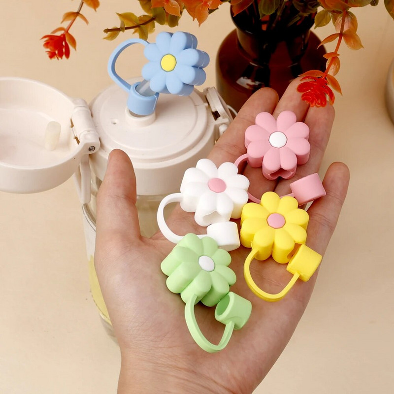 5/1db szilikon szívószál fedők sapka Aranyos virágos szívószál tetők poharakhoz Porálló ivószalma sapkák Újrafelhasználható szívószálak hegyek fedők