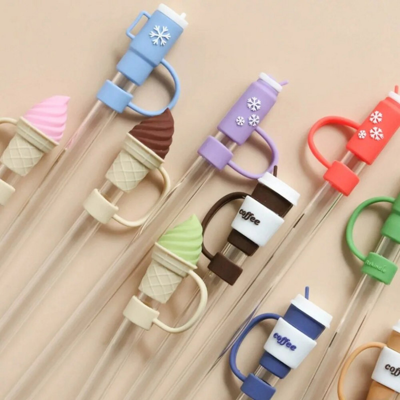 6db szalmatakaró sapka szennyeződésálló szilikon szívószál fedők kreatív fagylalt kávé mintás szívószál fedők a Stanley csészéhez