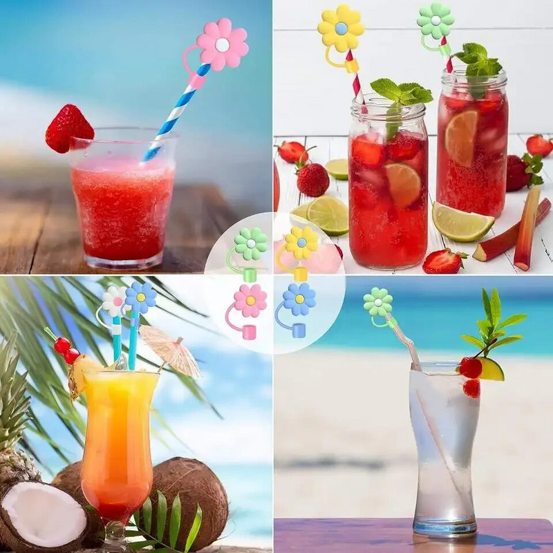 6 ΤΕΜ 10 χιλιοστά Χαριτωμένο ψάθινο καπάκι επαναχρησιμοποιήσιμο λουλούδι Ψάθινο καπάκι κούπα Φλιτζάνι καφέ Ψάθινο Διακόσμηση Καλαμάκι ανθεκτικό στη σκόνη για Κούπα Stanley