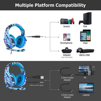LED Camouflage Gaming Headset With Microphone Heavy Stereo Bass Professional Gamer Ενσύρματο ακουστικό υπολογιστή για PS4 Xbox One