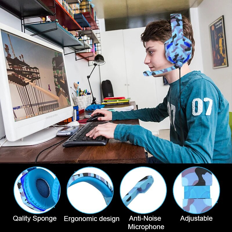 LED камуфлажни геймърски слушалки с микрофон, тежък стерео бас, професионални геймърски компютърни кабелни слушалки за PS4 Xbox One