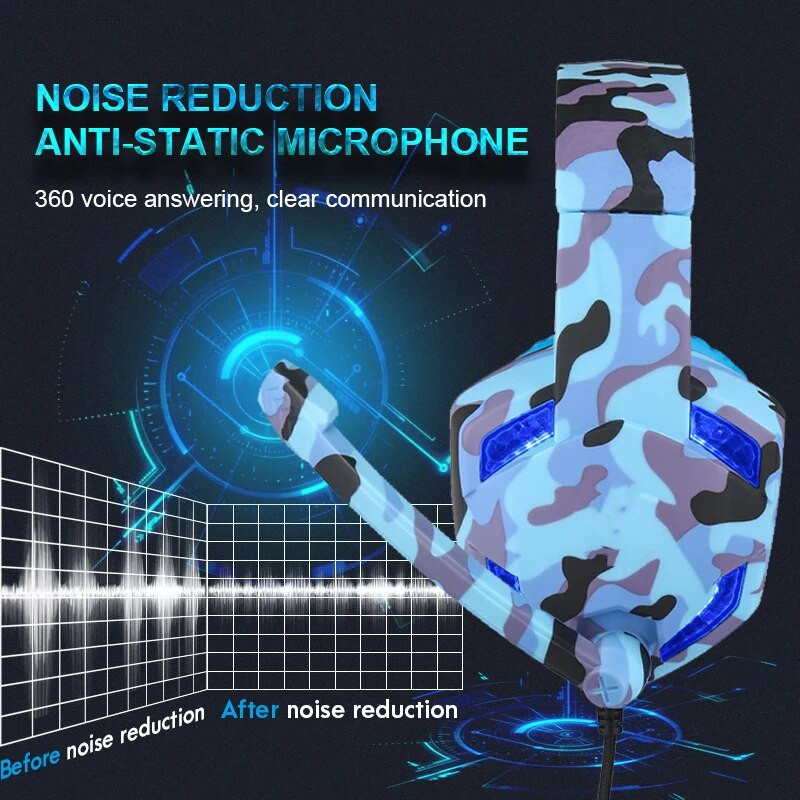 LED камуфлажни геймърски слушалки с микрофон, тежък стерео бас, професионални геймърски компютърни кабелни слушалки за PS4 Xbox One