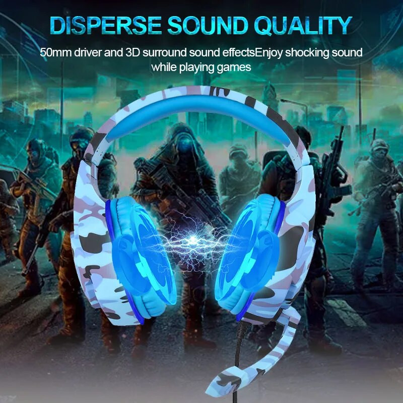 LED камуфлажни геймърски слушалки с микрофон, тежък стерео бас, професионални геймърски компютърни кабелни слушалки за PS4 Xbox One