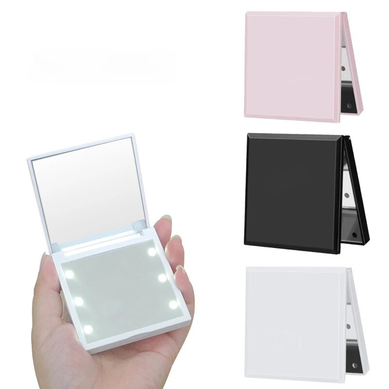 1 бр. 6 LED лампи Дамски сгъваеми огледала за грим Светлини Дамски козметични ръчно сгъваеми преносими компактни джобни огледала Инструменти за грим