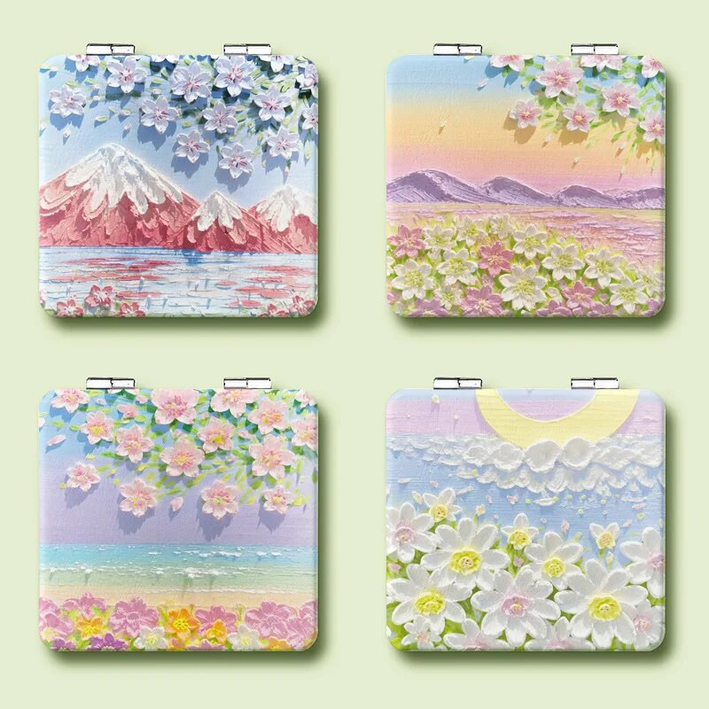 Ελαιογραφία Καθρέφτης Μακιγιάζ 2X Μεγεθυντικός Καθρέφτης Καλλυντικών Φορητός Γυναικείος Πτυσσόμενος Μικρός Καθρέφτης Διπλής Όψης Εργαλεία ομορφιάς