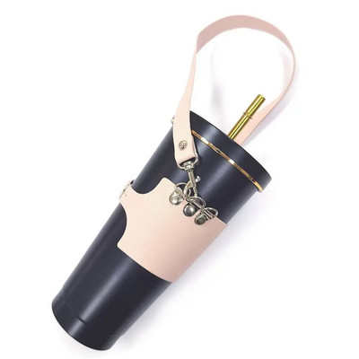 Екологична калъфка за напитки, чанта за многократна употреба, с верижка, калъф за кафе, капак за бутилка, PU кожена поставка за чаша