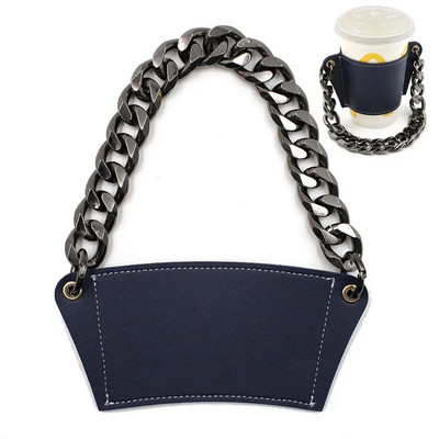 Екологична калъфка за напитки, чанта за многократна употреба, с верижка, калъф за кафе, капак за бутилка, PU кожена поставка за чаша