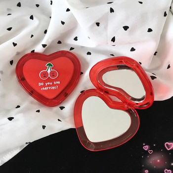 1 PC Мини огледало за грим във формата на червена череша във формата на сърце Преносимо джобно огледало Двустранно сгъваемо козметично огледало Подаръци за жени