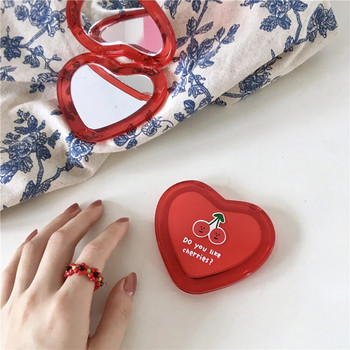 1 PC Μίνι καθρέφτης μακιγιάζ σε σχήμα καρδιάς κόκκινο κεράσι Φορητός καθρέφτης τσέπης Πτυσσόμενος καλλυντικός καθρέφτης διπλής όψης Γυναικεία δώρα