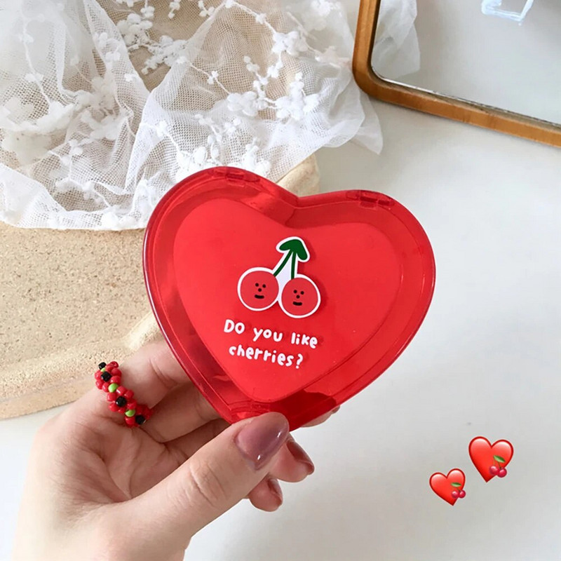 1 db piros cseresznye mintás szív alakú mini sminktükör hordozható zsebtükör, kétoldalas összecsukható kozmetikai tükör női ajándékok