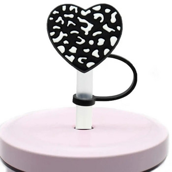 2 τεμάχια Dustproof Leopard Print Straws Heart Tips Επαναχρησιμοποιήσιμα ουράνια τόξα με προστασία από το πιτσίλισμα Ψάθινο καπάκι σιλικόνης