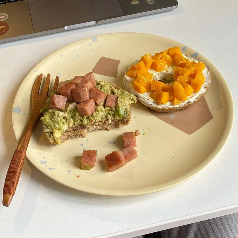 Skandináv étkezőtányér nyomtatott koreai stílusú, kerek bambuszszálas edények Desszert torta Gyümölcs Ételtányér Evőeszközök Konyhai kellékek