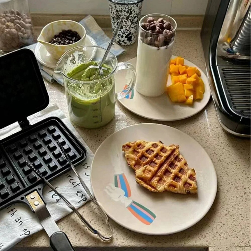 Skandináv étkezőtányér nyomtatott koreai stílusú, kerek bambuszszálas edények Desszert torta Gyümölcs Ételtányér Evőeszközök Konyhai kellékek