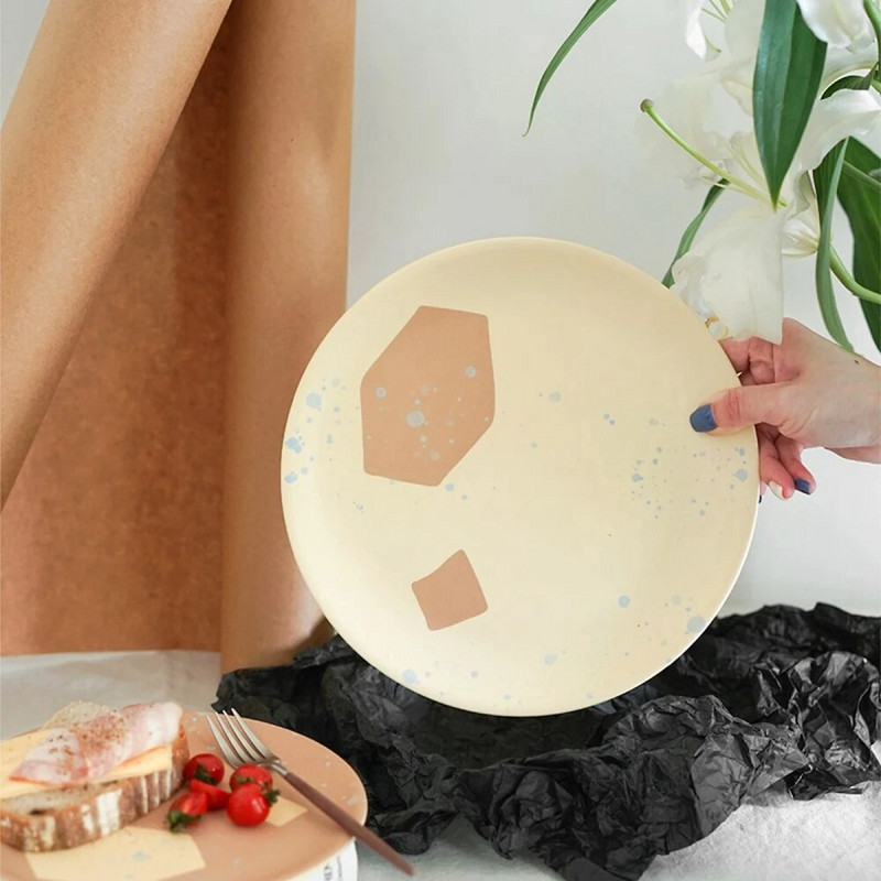 Skandináv étkezőtányér nyomtatott koreai stílusú, kerek bambuszszálas edények Desszert torta Gyümölcs Ételtányér Evőeszközök Konyhai kellékek