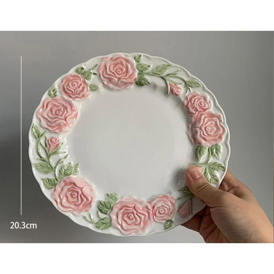 Подглазурирана цветна ретро чаша за кафе и чинии Модерен релеф Роза Чиния за вечеря Стек Паста Хляб Сандвич Салата Комплект купа за десерт