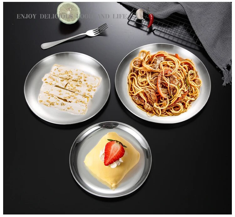 304 Rozsdamentes acél kerek tányér Western étterem csonttálcás edény Sekély edények tányérkészlet edénykészletek