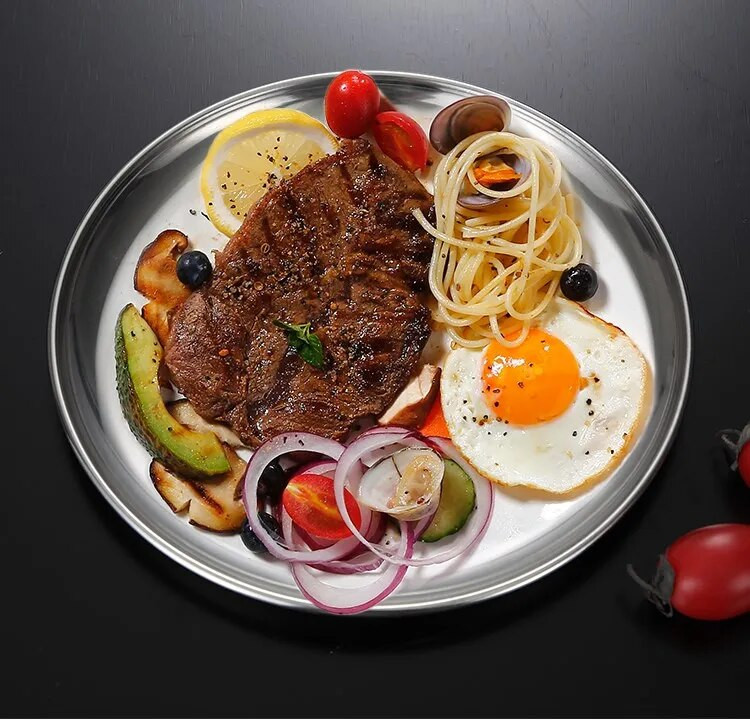 304 Rozsdamentes acél kerek tányér Western étterem csonttálcás edény Sekély edények tányérkészlet edénykészletek