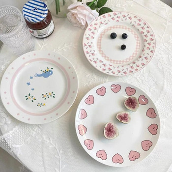 Лале Plate Ins Wind Retro Flower Bear Cherry Smiling Face Breakfast Ceramic Dessert Plate Western Food Plate Cute Girl Net Red