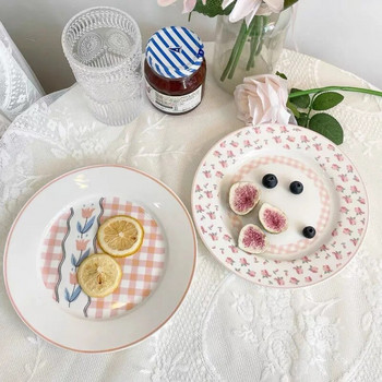 Лале Plate Ins Wind Retro Flower Bear Cherry Smiling Face Breakfast Ceramic Dessert Plate Western Food Plate Cute Girl Net Red